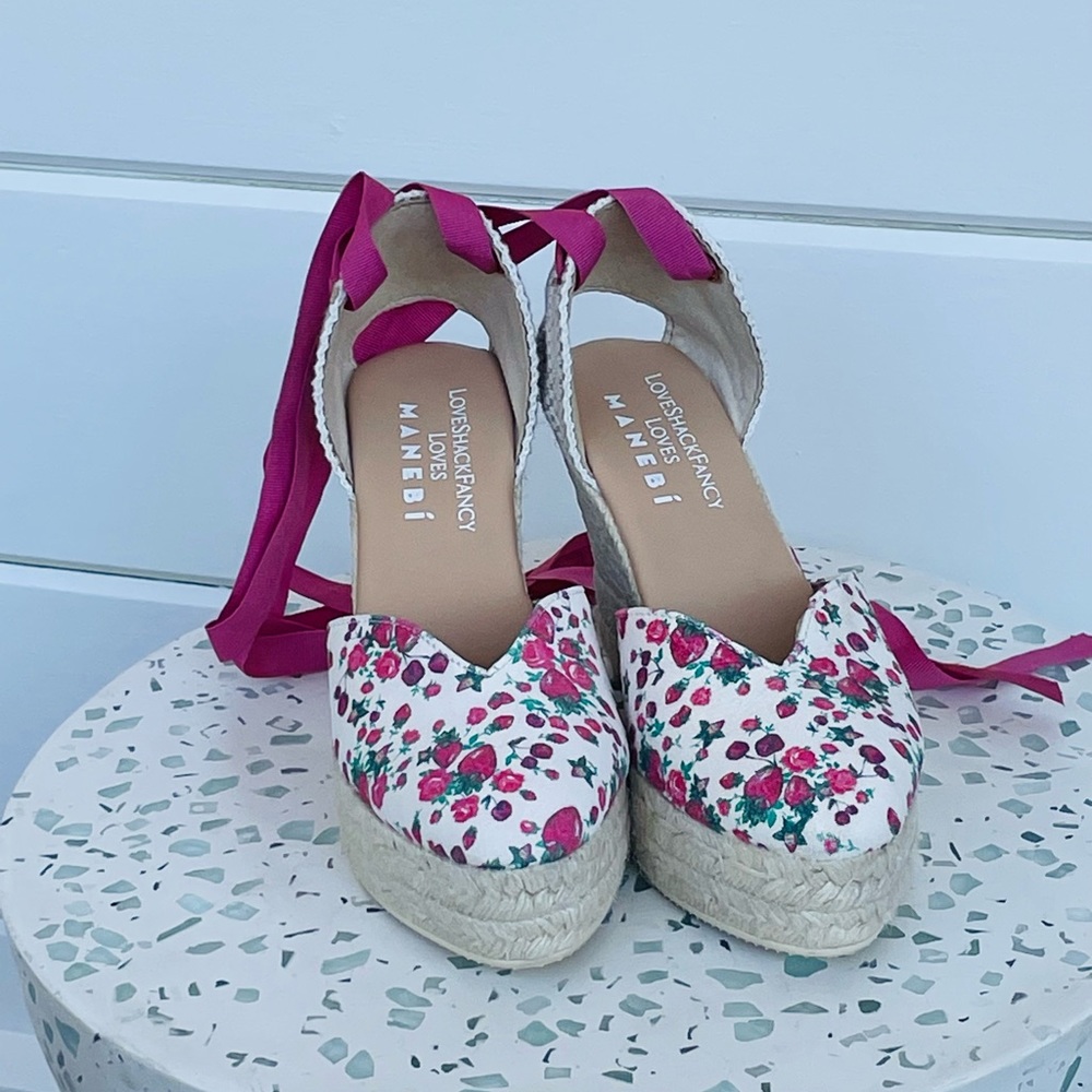LOVE FANCY SHACK X MANEBI Heart Shape Pink Wedge Espadrilles Heels EU38 - NWT